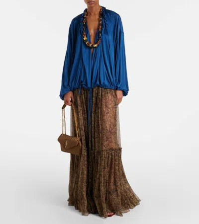 Saint Laurent Ruffle Collar Drawstring Satin Blouse In Blue