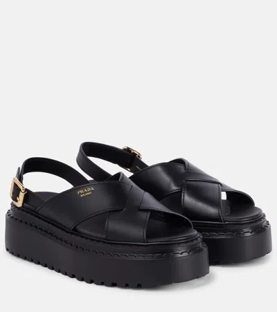Prada Leather Platform Sandals In Black
