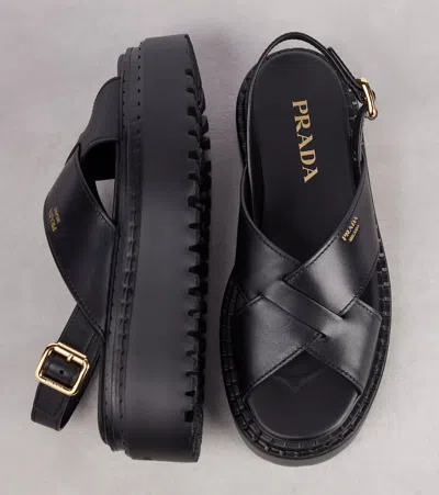 Prada Leather Platform Sandals In Black