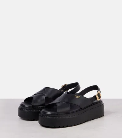Prada Leather Platform Sandals In Black