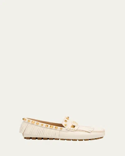 Valentino Garavani Fringed Leather Loafers Metal Rivets In White