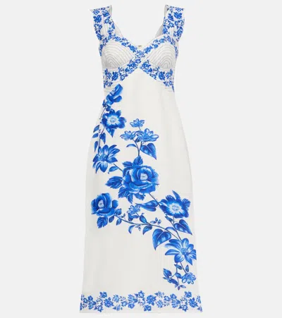 Farm Rio Off-white Floral Cascade Wavy Midi Dress In Blue Floral Cascade Off-white