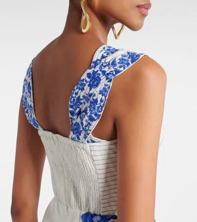 Farm Rio Off-white Floral Cascade Wavy Midi Dress In Blue Floral Cascade Off-white