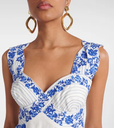 Farm Rio Off-white Floral Cascade Wavy Midi Dress In Blue Floral Cascade Off-white