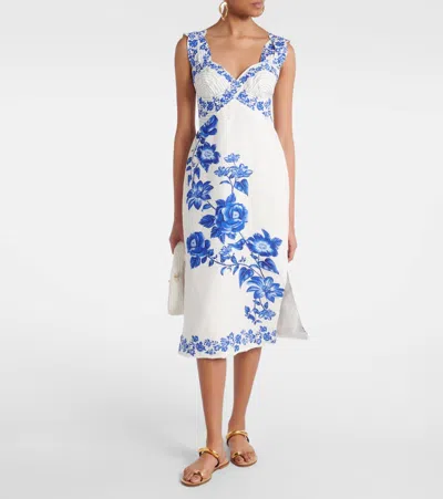 Farm Rio Off-white Floral Cascade Wavy Midi Dress In Blue Floral Cascade Off-white