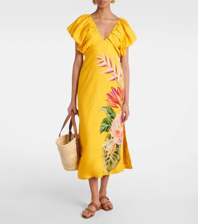 Farm Rio Off-white Spring Awakening Euroflax Premium Linen Midi Dress In Spring Awakening Off-white