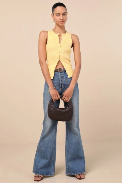 Lulus Cheslyn Yellow Ribbed Button-front Tank Top In Yellow
