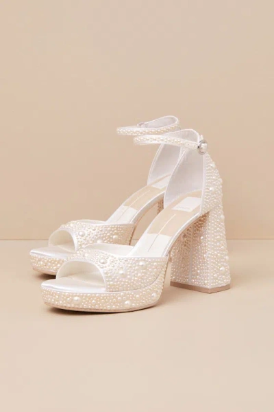 Dolce Vita Pandro Pearl True White Satin Platform High Heel Sandals In White