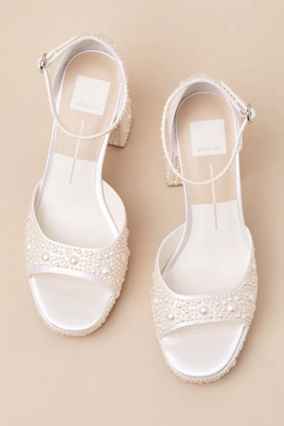 Dolce Vita Pandro Pearl True White Satin Platform High Heel Sandals In White