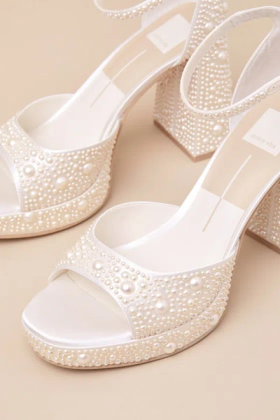 Dolce Vita Pandro Pearl True White Satin Platform High Heel Sandals In White