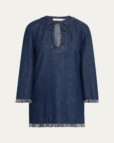 Zimmermann Rhiannon Fringed Denim Mini Dress In Blue