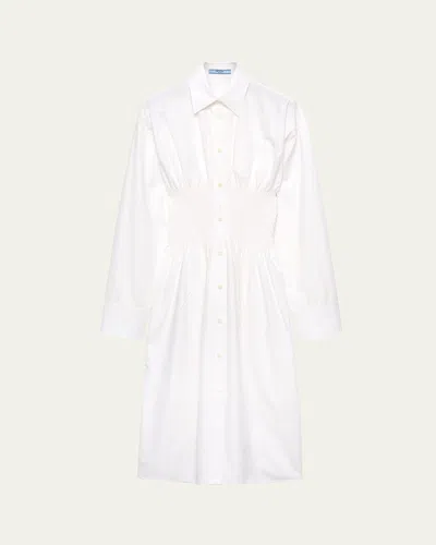 Prada Smocked Canvas Fit-and-flare Midi Shirt Dress In F0009 Bianco