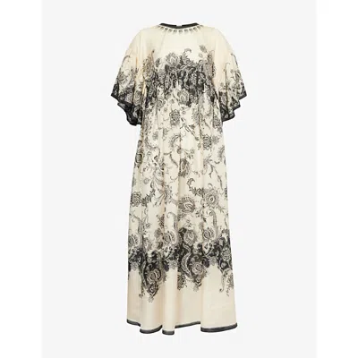 Zimmermann Long Silk Dress With Contrasting Floral Print And Ruching In Cream Black Floral