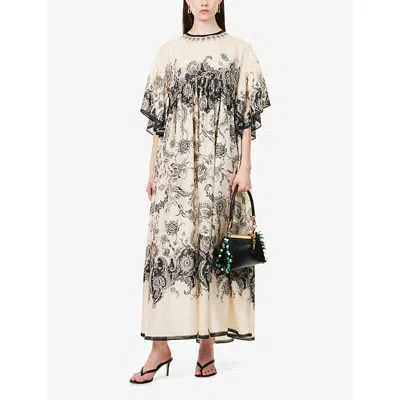 Zimmermann Long Silk Dress With Contrasting Floral Print And Ruching In Cream Black Floral
