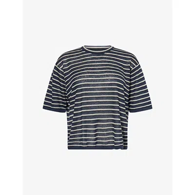Theory Neo Sag Harbor Stripe Linen Blend Boyfriend T-shirt In Nocturne Navy Multi