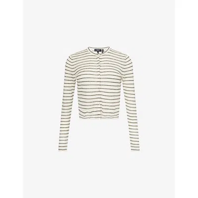 Theory Womens Stripped Cropped Linen-blend Knitted Cardigan Light Parchment Multi Xs In Light Parchment Multi