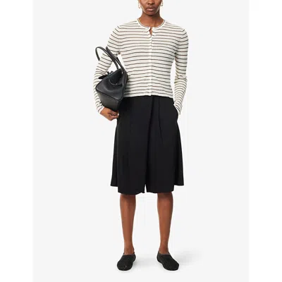 Theory Womens Stripped Cropped Linen-blend Knitted Cardigan Light Parchment Multi Xs In Light Parchment Multi