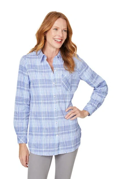 Foxcroft Germaine Plaid Non-iron Button-up Tunic Shirt In Iris Bloom