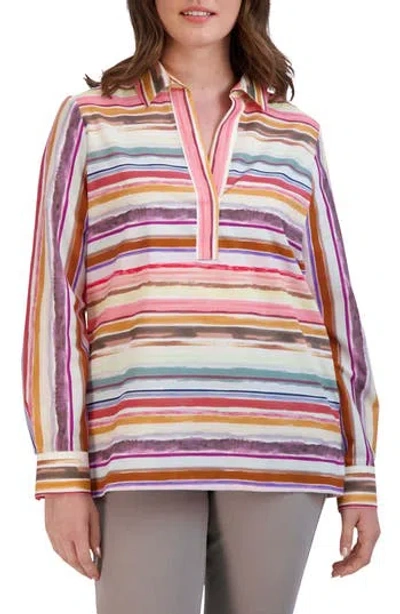 Foxcroft Sophia Watercolor Stripe Cotton Popover Tunic In Multi Stripe