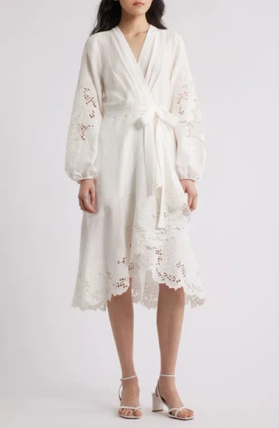 Kobi Halperin Sigal Embroidered Lace-inset Midi Wrap Dress In White