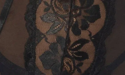 Oh La La Cheri Kehlani Lace Trim Mesh Chemise With Garter Straps & G-string Set In Black