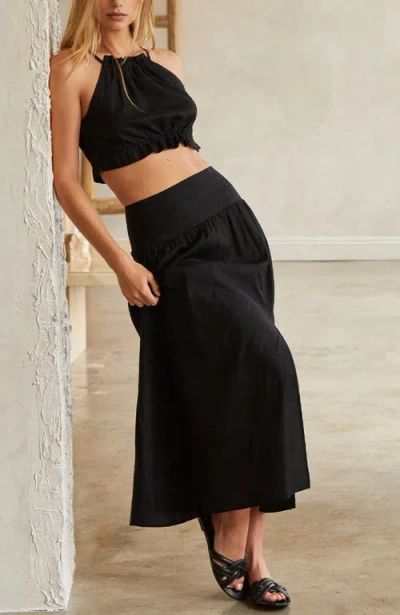 Crescent Linen Blend Halter Top & Maxi Skirt Set In Black