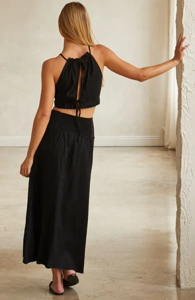 Crescent Linen Blend Halter Top & Maxi Skirt Set In Black
