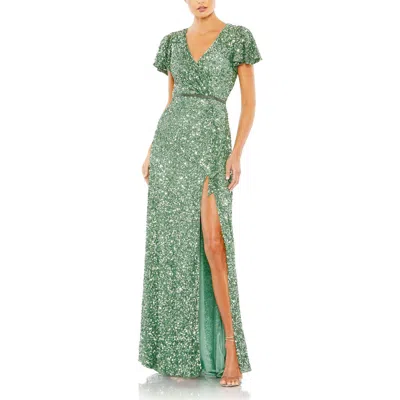 Mac Duggal Sequined Wrap Over Butterfly Sleeve Draped Gown In Sage