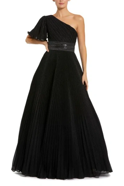 Mac Duggal Pleated Shimmering Georgette One Shoulder Gown In Black
