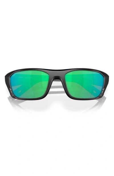 Costa Del Mar 57mm Polarized Rectangular Sunglasses In Matte Black/green Mirror 580g