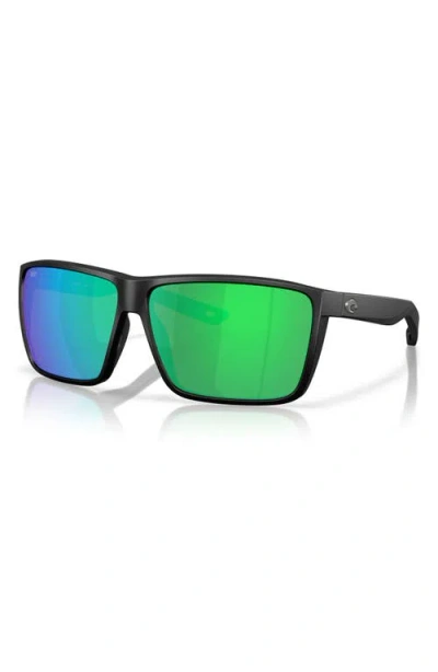 Costa Del Mar Rinconcito 60mm Polarized Rectangular Sunglasses In Matte Black/green Mirror 580p