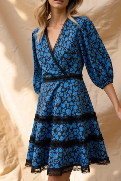 Akalia Elegant Antia Floral Dress With Embroidered Details And Lace Trim In Medium Blue