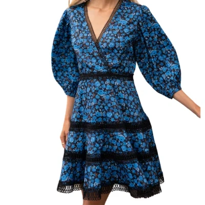 Akalia Elegant Antia Floral Dress With Embroidered Details And Lace Trim In Medium Blue