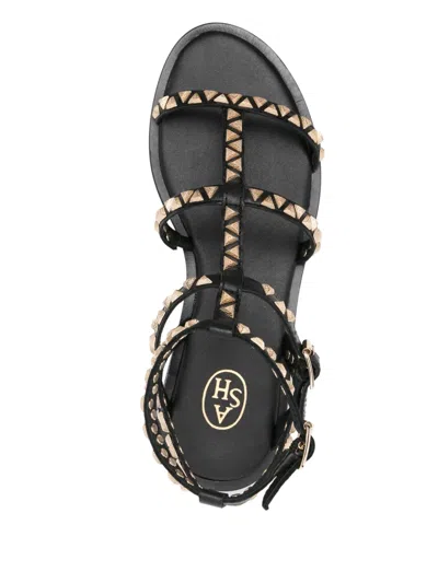 Ash Ankle Strap Leather Flat Sandals With Studs In Black