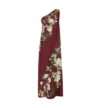 La Doublej Roy One-shoulder Floral Silk Maxi Dress In Bordeaux