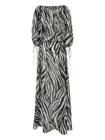 The Andamane 'wilma' Black And White Long Dress With Long Balloon Sleeves And All-over Zebra Print In Black