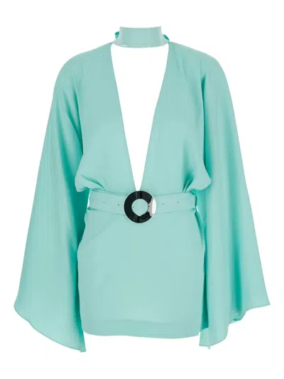 Taller Marmo 'florida' Light Blue Mini Dress With Adjustable Belt On The Front And Maxi Bow On The Rear In Blue