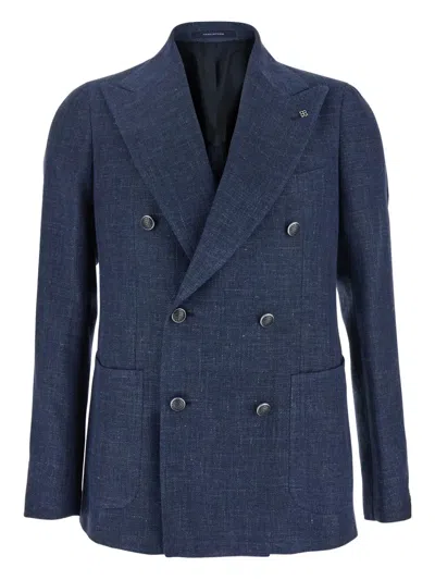 Tagliatore Blue Double-breasted Blazer With Logo Pin On The Front In Linen And Cotton Blend Man In Blue