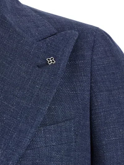 Tagliatore Blue Double-breasted Blazer With Logo Pin On The Front In Linen And Cotton Blend Man In Blue