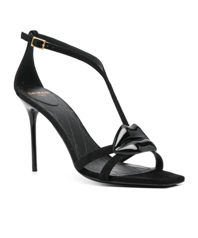 Balmain Black Leather Stiletto Heel Sandals In Black