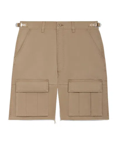 Celine Straight-leg Distressed Cotton-twill Cargo Shorts In Brown