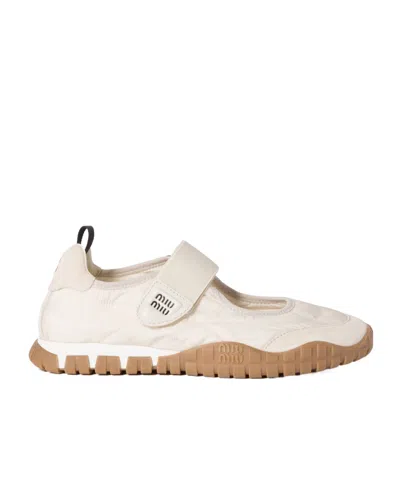 Miu Miu Tyre Ballerinas In Technical Fabric And Suede In Neutral