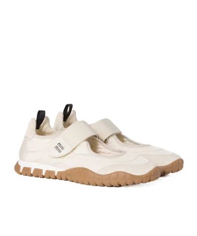Miu Miu Tyre Ballerinas In Technical Fabric And Suede In Neutral