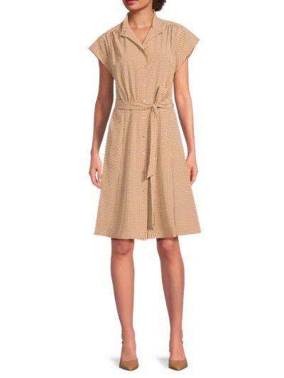 Calvin Klein Comm Check Shirtdress In Tan White