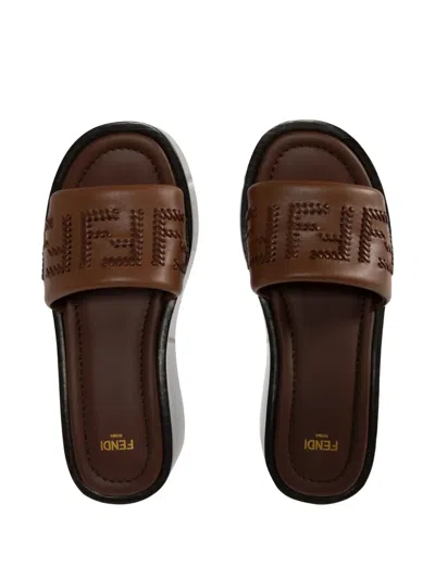Fendi Women Brown Slides With Wedge Heel And Ff Motiv On The Band In Leather Man In Braun