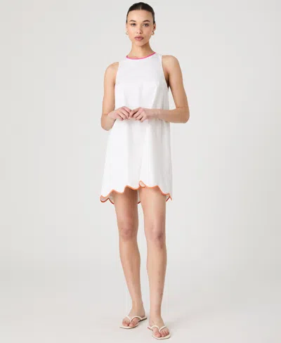 French Connection Alexis Poplin Scallop Hem Dress In White/fushia In Sumer White,orange,pink