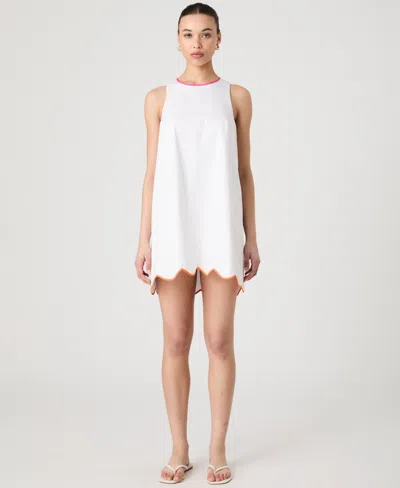 French Connection Alexis Poplin Scallop Hem Dress In White/fushia In Sumer White,orange,pink
