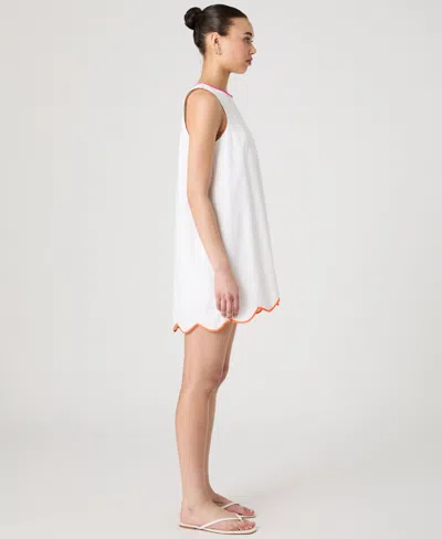 French Connection Alexis Poplin Scallop Hem Dress In White/fushia In Sumer White,orange,pink