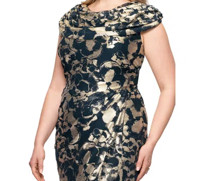 Betsy & Adam Plus Size Metallic Print Cowlneck Gown In Navy,gold
