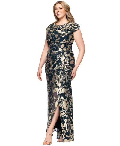 Betsy & Adam Plus Size Metallic Print Cowlneck Gown In Navy,gold
